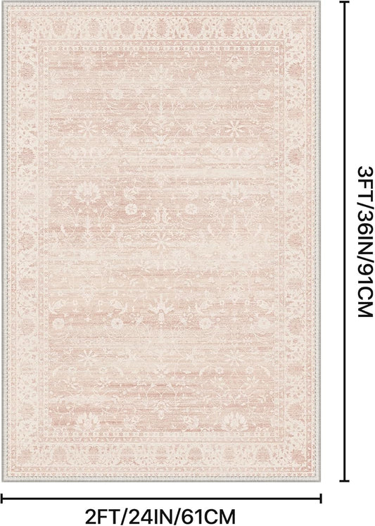BESBLEE Area Rug 2x3 Doormat, Machine Washable Low Pile Vintage Rugs, Small Lightweight Rug Entryway Indoor Mat for Entrance, Hallway, Kitchen and Corridor, Pink