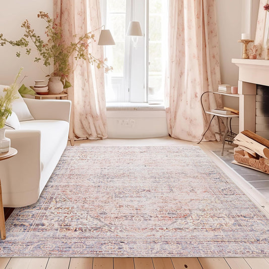 Large Living Room Rug 8x10 Machine Washable Pink Carpet for Bedroom Boho Vintage Area Rug Pink Floral Floor Covering Non Slip,Blush and Grey