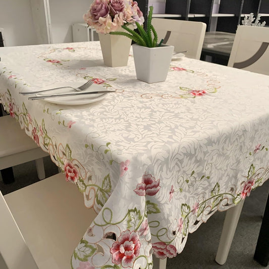 Rectangle Tablecloth 43 x 63 Inch Pink Flower Embroidered Lace Table Cloth Stain Resistant Washable Table Cover for Kitchen and Dining Room