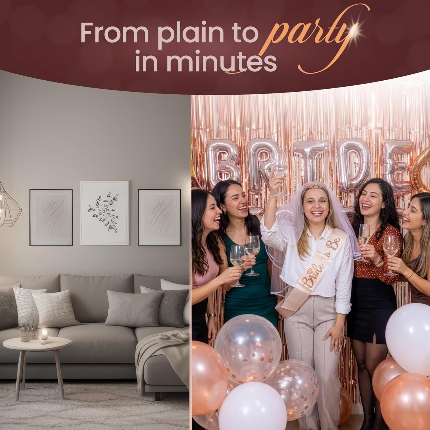 Rose Gold Bridal Shower Decorations, 273-Piece Pink Bachelorette Party Decorations with Bride to Be Banner, Confetti Balloons, Bride Sash, Veil, Fringe Curtain ,Cake Toppers & Photo Props