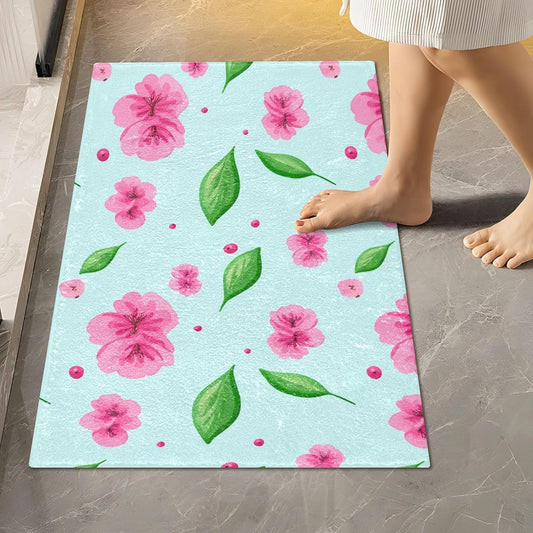 Pink Flowers Bathroom Rug, Non Slip Dry Quickly Bath Mat, Absorbent Soft Bath Rug, Home Decor Accessories, 24"x16"