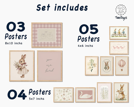 TwoDays Vintage Nursery Decor for Baby Girls, Pink Rabbit Bunny Wall Art for Toddler Kids Playroom, Swan Animals Posters for Bedroom (Multi Sizes, Set of 12, 8 × 10 Largest, UNFRAMED)