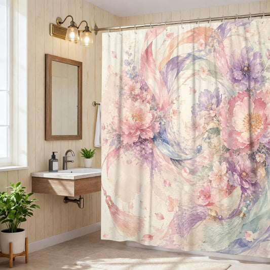 Flower Shower Curtain, Floral Watercolor Ribbon Tassel Spring Peach Waterproof Fabric Bathtub Cloth Curtains for Home Bathroom Toile Hotel Decor 72x78 Inch