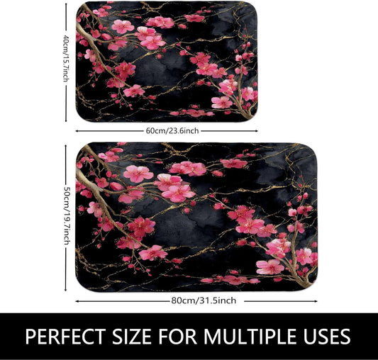 Cherries Blossom Floral Quick Dry Bath Mat, Elegant Peach Petals Absorbent Non Slip Shower Mat, Spring Decorative Flannel Washable Bath Rugs for Bathroom Toilet Restroom 20x32 Inch