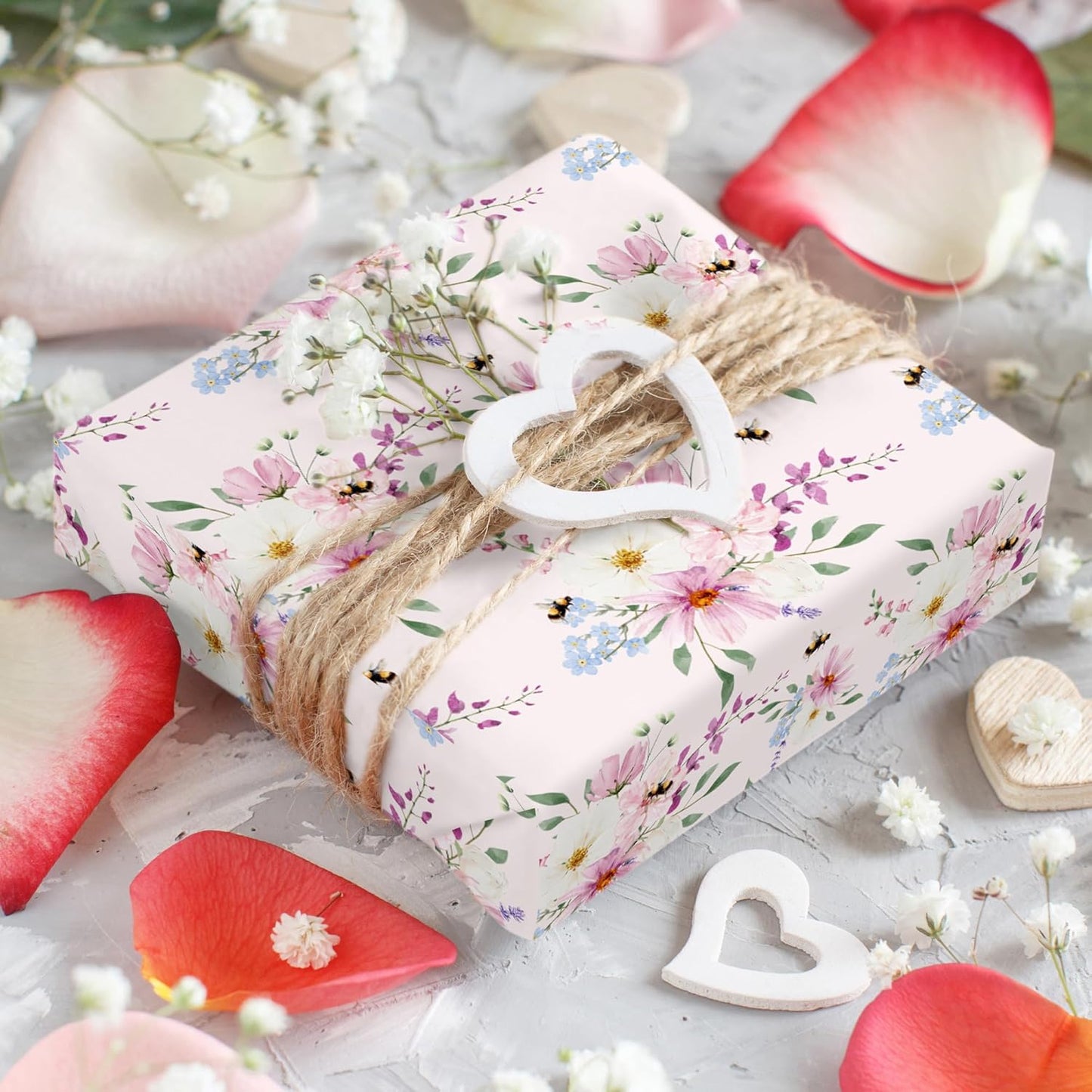 WRAPLULU Pink Floral Wedding Wrapping Paper Roll - 17.5" * 26 Ft - Romantic Gift Wrap with Soft Pastel Flowers & Solid Backside, Perfect for Wedding, Birthday, Bridal Shower, Mother's Day, Spring