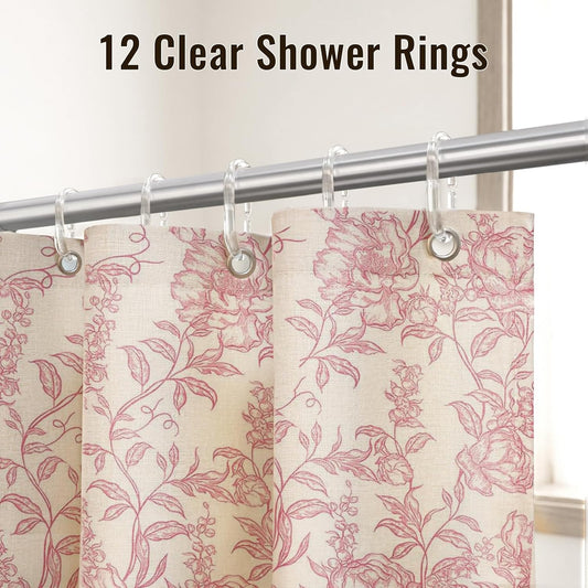 Farmhouse Pink Floral Shower Curtain with 12 Clear Rings, Fabric Faux Linen Shower Curtain Set, Vintage Cottagecore Shower Curtain for Bathroom 72" W x 72" L