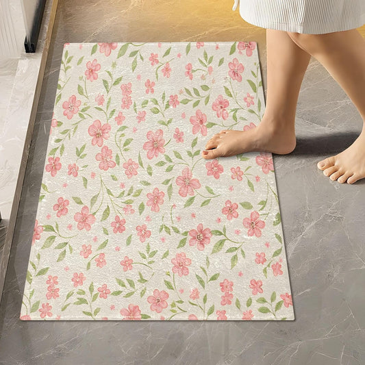 Watercolor Flowers Pink Bathroom Mat Rug 24" x 16" Non Slip Super Absorbent Quick Dry Bath Mats for Bathtub Fluffy Rugs
