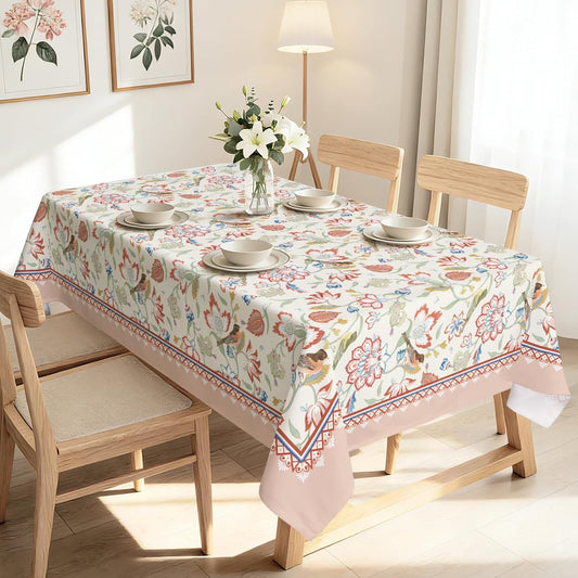 Floral Rectangle Table Cloth Pink Birds Elegant Vintage Washable Polyester Oil-Proof Tablecloth Stain Wrinkle Resistant Table Cover for Party Kitchen Decor Outdoor Picnic, 55x70 inch