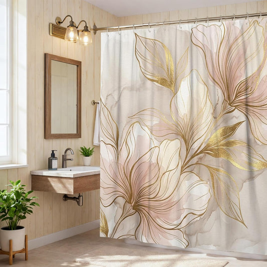 Flower Shower Curtain, Elegant Modern Leaf Gold Spring Pastel Peach Waterproof Fabric Toile Cloth Shower Curtains for Bathroom Bathtub Apartment Decor 62x72 Inch