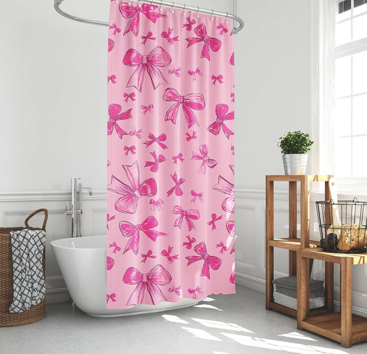 SDIII Pink Bow Shower Curtain Set 72x72 Inch, Waterproof Microfiber Cute Pink Shower Curtain Set Bowknot for Aesthetic Princess Themed Bathroom Decor