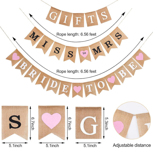 Blulu 3 Pieces Bridal Shower Decor Set Rustic Burlap Bunting Banner Gifts for Bachelorette Party Decoration(Pink)