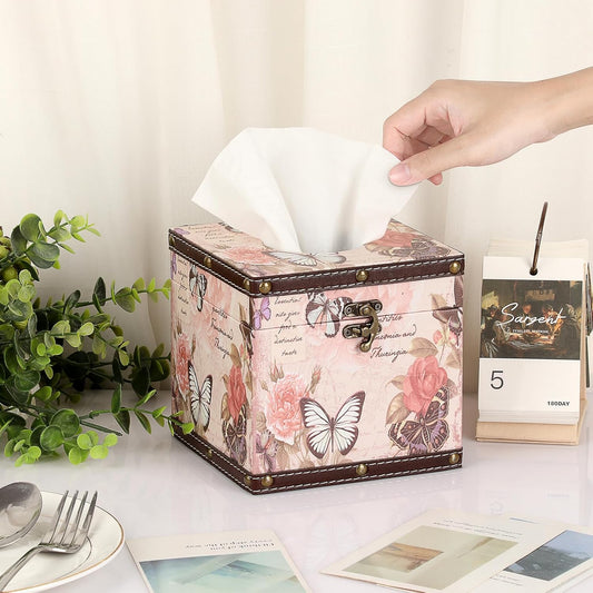 Vintage Tissue Box Cover, Wood Square Tissue Box Holder, Decorative Butterflies Design Faux Leather Tissue Holders for Table Bathroom Living Room Kitchen Office Car Home Decor, Pink (Butterfly)