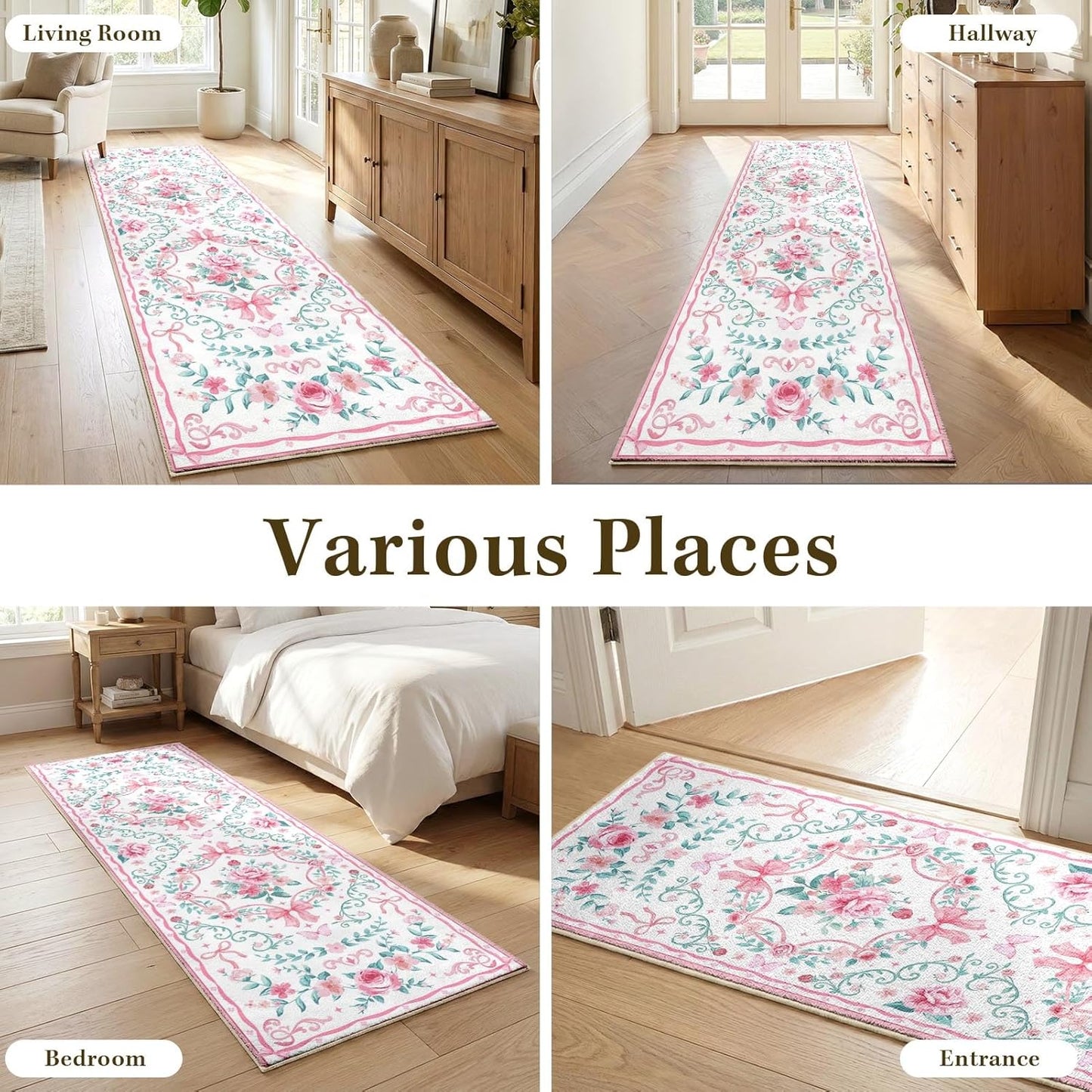 Hallway Runner Rug 2x6 - Washable Runner Rugs Non-Slip Low Pile Kitchen Runner Carpet for Laundry Room Entryway Bathroom Bedroom Living Room Floor Decor (2' x 6', Pink/Bow)