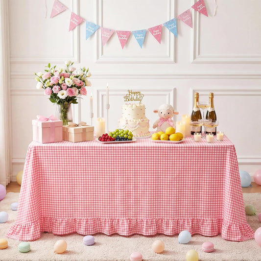 Eternal Beauty Gingham Ruffled Tablecloth 60x120 Inch, 100% Washed Cotton Plaid Table Cloth, Vintage Farmhouse Decor for Outdoor, Wedding, Party, Spring Picnic & Dining Room- Pink White