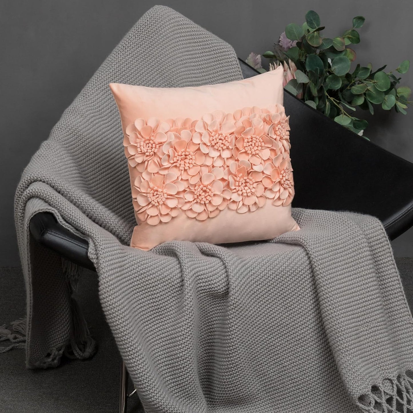 JWH Handmade 3D Flower Throw Pillow Covers Decorative Floral Accent Cushion Cover Velvet Pillowcase for Car Bed Couch Bedroom Decor 18x18 Inch Blush Pink