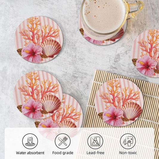 Light Pink Scallop Shell Hibiscus Flower Ceramic Coasters with Holder Set of 6 Coffee Cup Drink Coasters