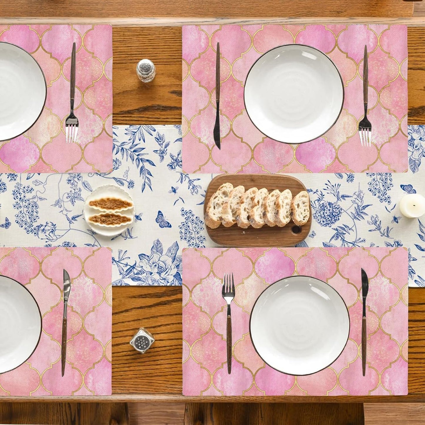 Vintage Pink Geometric Placemats Set of 4, 12x18 Inch Non-Slip Washable Heat Resistant Linen Fabric Table Mats,Place Mats for Holiday Party