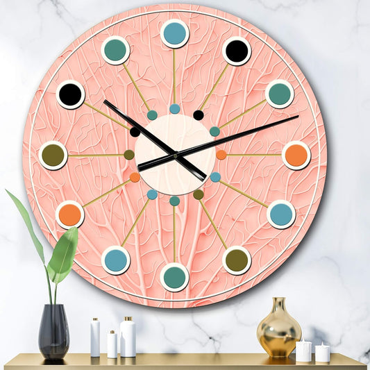 DesignQ Mid-Century Modern Wall Clock 'Living Coral Pink' Pink Round Wall Clock for Living Room Decor