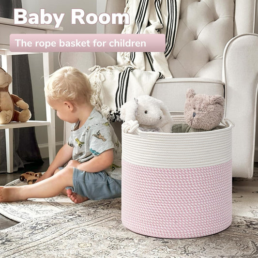 Goodpick Baby Storage Basket, Pink Laundry Basket 15 x 14.2 Inches, Toy Basket for Clothes, Nursery Basket for Toys, Soft Woven Basket for Storage, Pink