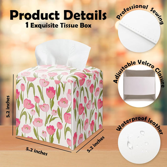 Spring Pink Floral Tissue Box Cover Square - Tulip Flowers Tissue Holder - Waterproof Facial Paper Organizer for Home Bathroom Office - Desk Tabletop Supplies Decorative Dispenser Box - A02