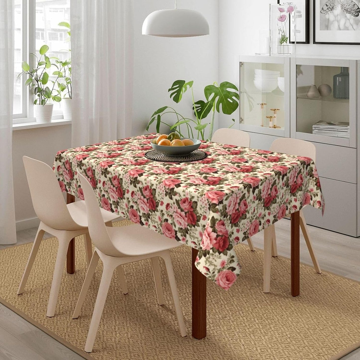 Victorian Rose Pink Flower Rectangle Tablecloth, Drop Shapes Table Cloth Dining Table Cover for Kitchen Restaurant Party Buffet Picnic, 52x70 Inch