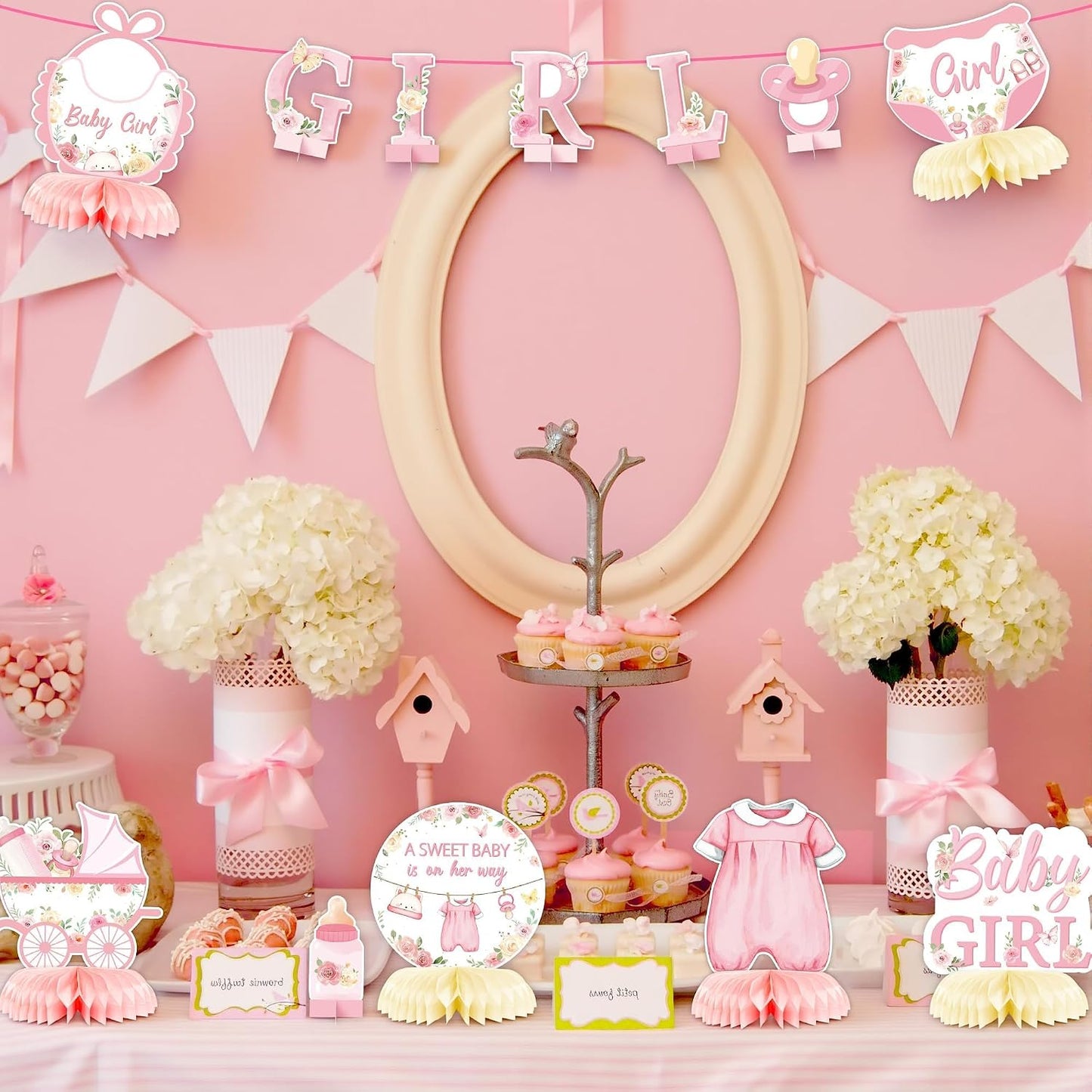 ANGOLIO 12Pcs Floral Sweet Baby Shower Party Honeycomb Centerpieces Sweet Baby Is On Her Way Baby Girl Party Table Decoration Pink Floral Girl Decor for Baptism Gender Reveal Summer Birthday Supplies