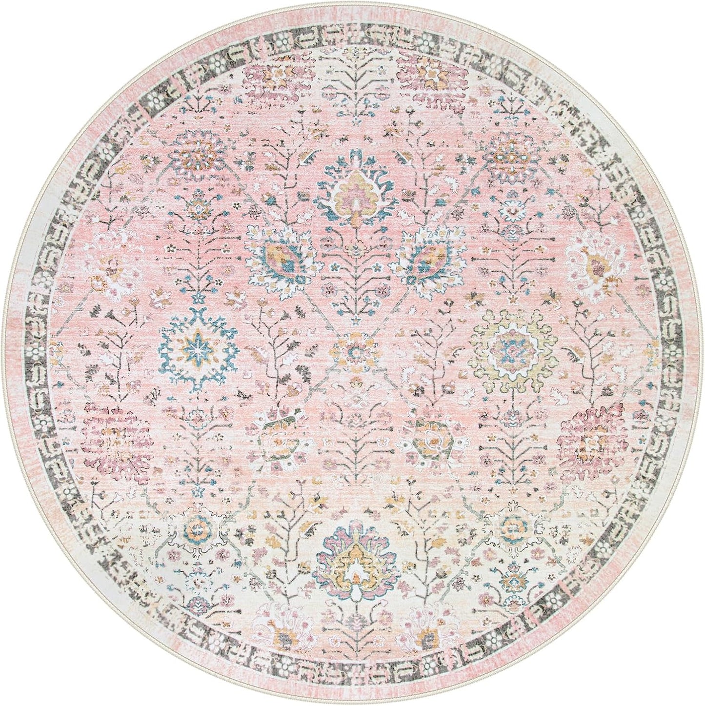 Lahome Flavie Light Pink Boho Rug 6ft, Circle Washable Area Rugs for Playroom Kids Room, Soft Floral Nursery Round Carpet Non Slip, Pastel Floor Carpet for Bedroom Living Room