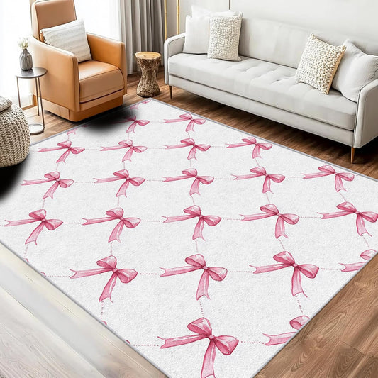 Pink Bow Throw Rug for Entryway, Washable Non Slip, 2x3 Small Indoor Doormat Bowknot Kids Boys Girls Design for Bedroom Kitchen, Pink Bow Home Decor Door Mat, Low Pile Soft