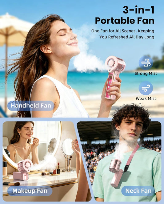 Upgraded Misting Fan Portable Fan, 30000 RPM Rechargeable Mini Fan Handheld with Spray Cooling, 4000mAh LED Display Mist Hand Fan for Travel Makeup Lash Travel Essentials for Women