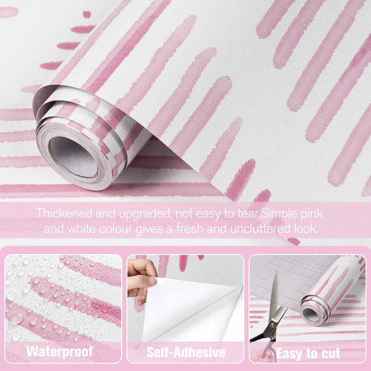 Modern White and Pink Peel and Stick Wallpaper 17.7"x120" Stripe Diamond Wallpaper Vinyl Waterproof Contact Paper Shelf Paper Drawer Liner Roll for Bedroom Living Room