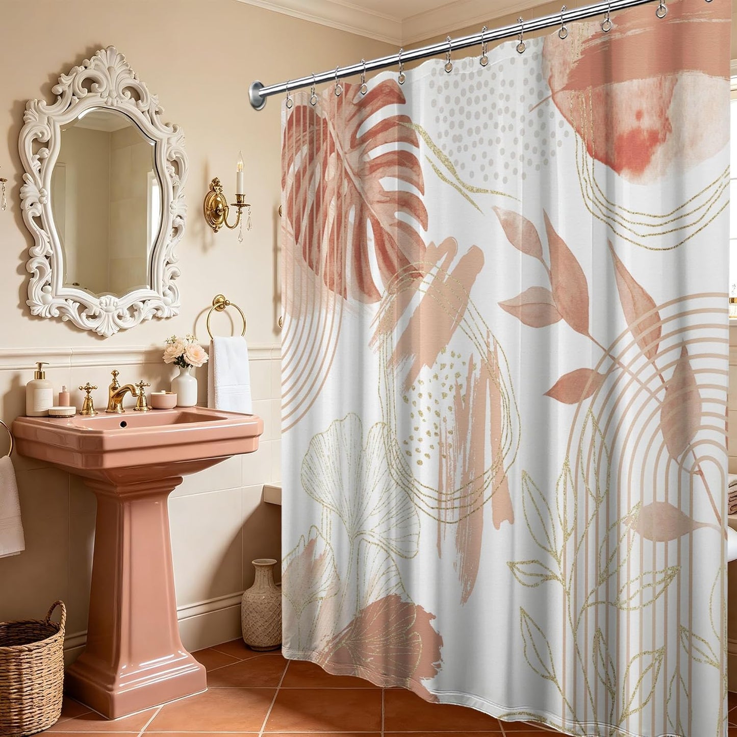 Coral Pink Shower Curtain Cute Girly Salmon Peach Mid Century Modern Shower Curtains for Girls Bathroom Decor, Waterproof Cloth Fabric with Hooks, 70" W x 84" L