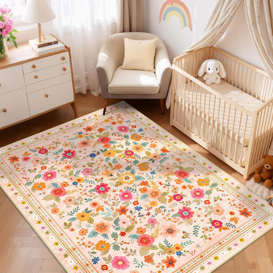5x7 Area Rugs for Living Room Vacuum-Friendly Machine Washable Area Rug Flower Floral Printed Pattern Low Pile Non-Slip Carpet for Bedroom Hallway Entryway, Pink Beige
