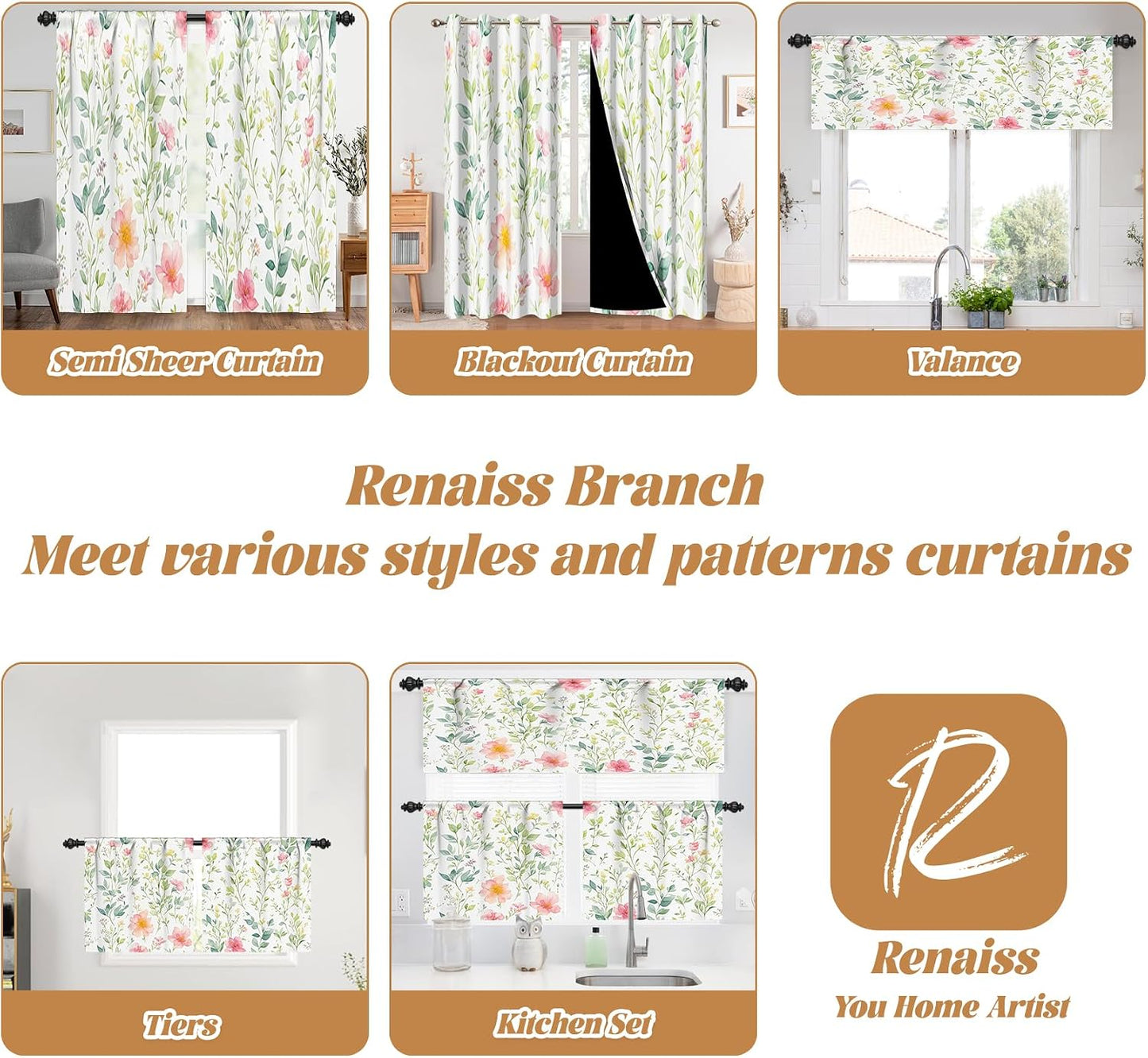 Renaiss 42x18 Inch Spring Floral Kitchen Valance Curtain Sage Green Leaf Pink Flower Short Cafe Curtains Farmhouse Rustic Window Treatment Valance Spring Home Decor