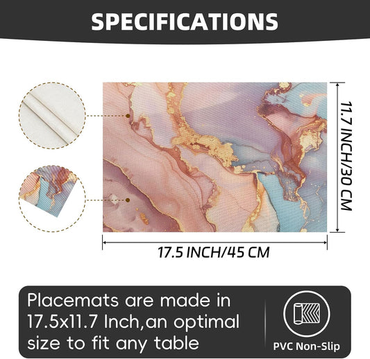 Placemats Set of 4, Slip Place Mats for Dining Table, Fall PVC Table Placemats Washable and Heat Resistant, Modern Table Mats for Kitchen, Dining, Party, Outdoor(Pink Gilded Marble)