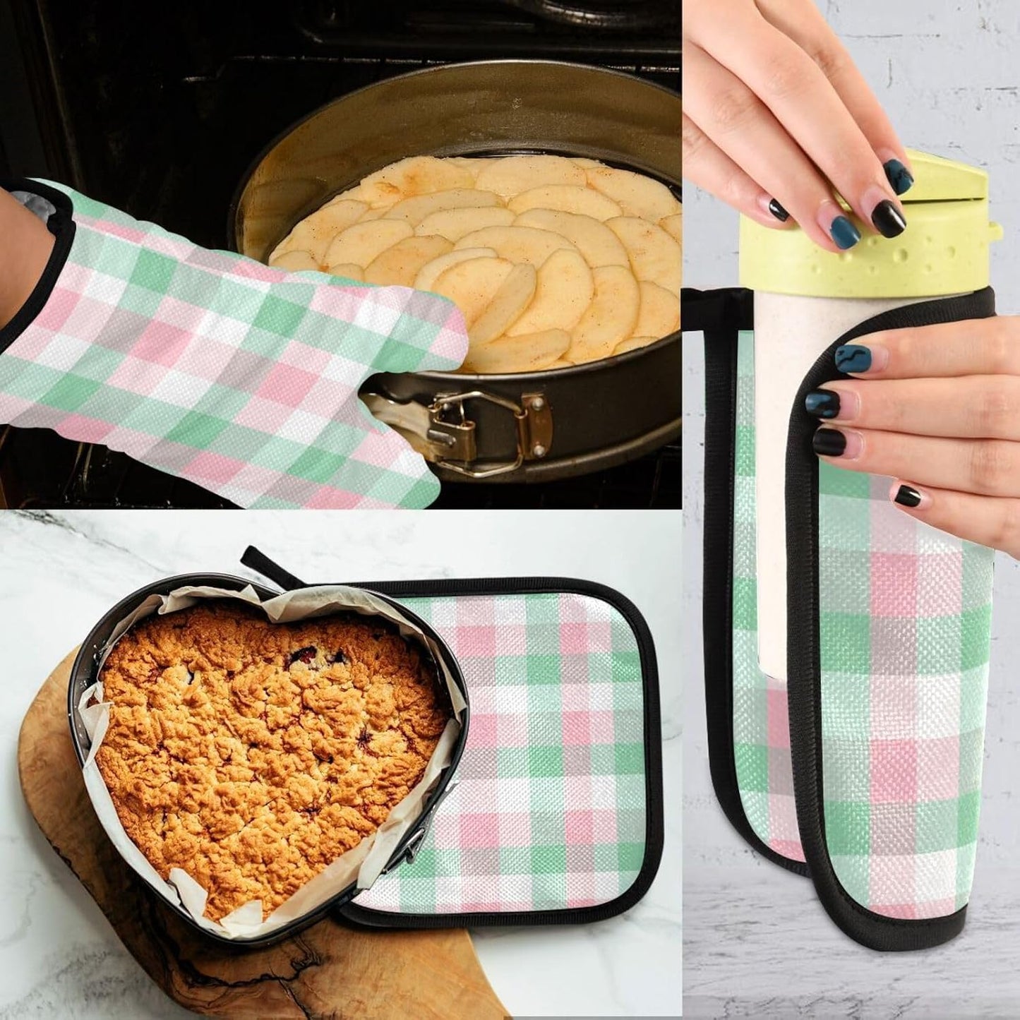 Light Pink Green Checkered Oven Mitts and Pot Holders Set for Cooking Baking Kitchen Decor