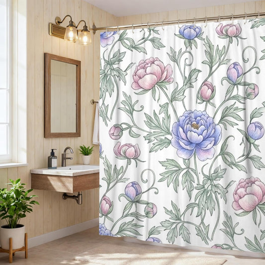 Peony Shower Curtain, Floral Vintage Rose Spring Pastel Peach Waterproof Fabric Bathtub Cloth Curtains for Bathroom Toile Guest Room Decor 72x84 Inch