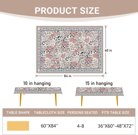 Vintage Floral Rectangle Tablecloth 60 x 84 Inches, Retro Pink Flower Botanical Decorative Dining Table Cloth, Spring Summer Dinner Tablecover Picnic Party Decoration