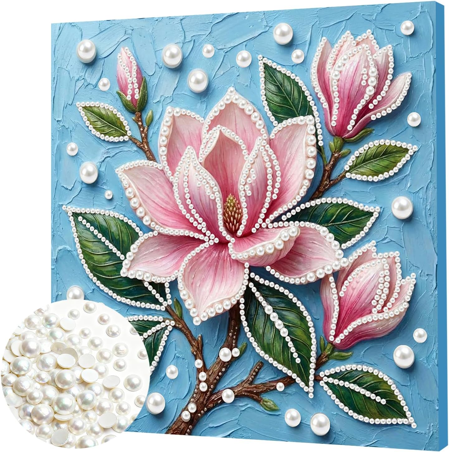 FRANDEK Pink Flowers DIY Pearl Painting Kit, Framed 3D Textured Handmade 10x10in, Sparkling Gem Art Decor for Living Room, Study, Relaxing Creative Project, Gift for Friends & Beginners