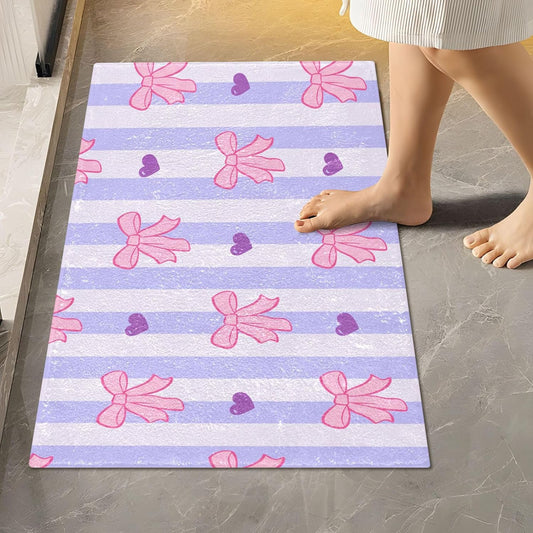 Pink Bows and Stripes Bathroom Rugs, Ultra Soft Absorbent Plush 16” x 24” Bath Mats, Non-Slip Machine Washable Shaggy Floor Rugs for Bathroom Tub