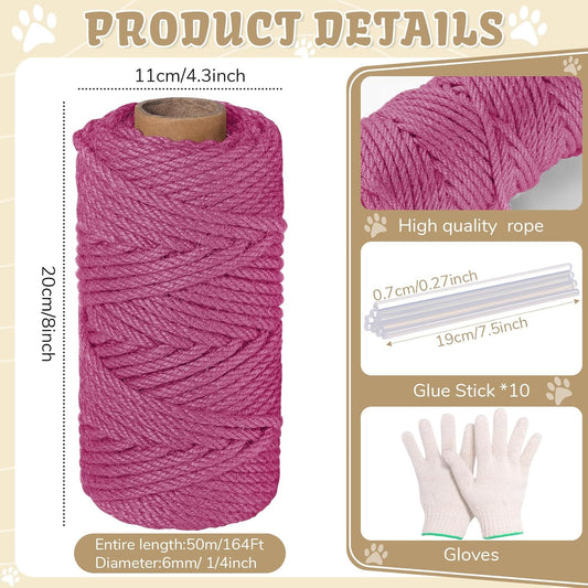 Natural Jute Cat Sisal Rope, Boho Colorful Cat Tree Rope, Multipurpose for Scratching Post Replacement, Lightweight for Indoor & Outdoor, Marine and DIY Projects(1/4in ×164ft,Pink)