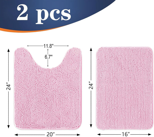 OLANLY Bathroom Rugs Sets 2 Piece, Soft Absorbent Chenille Bath Mats and U-Shaped Contour Toilet Mat Area Rug Set, Machine Washable Bath Carpet, Home Decor Accessories(24"x16"+24"x20", Pink)