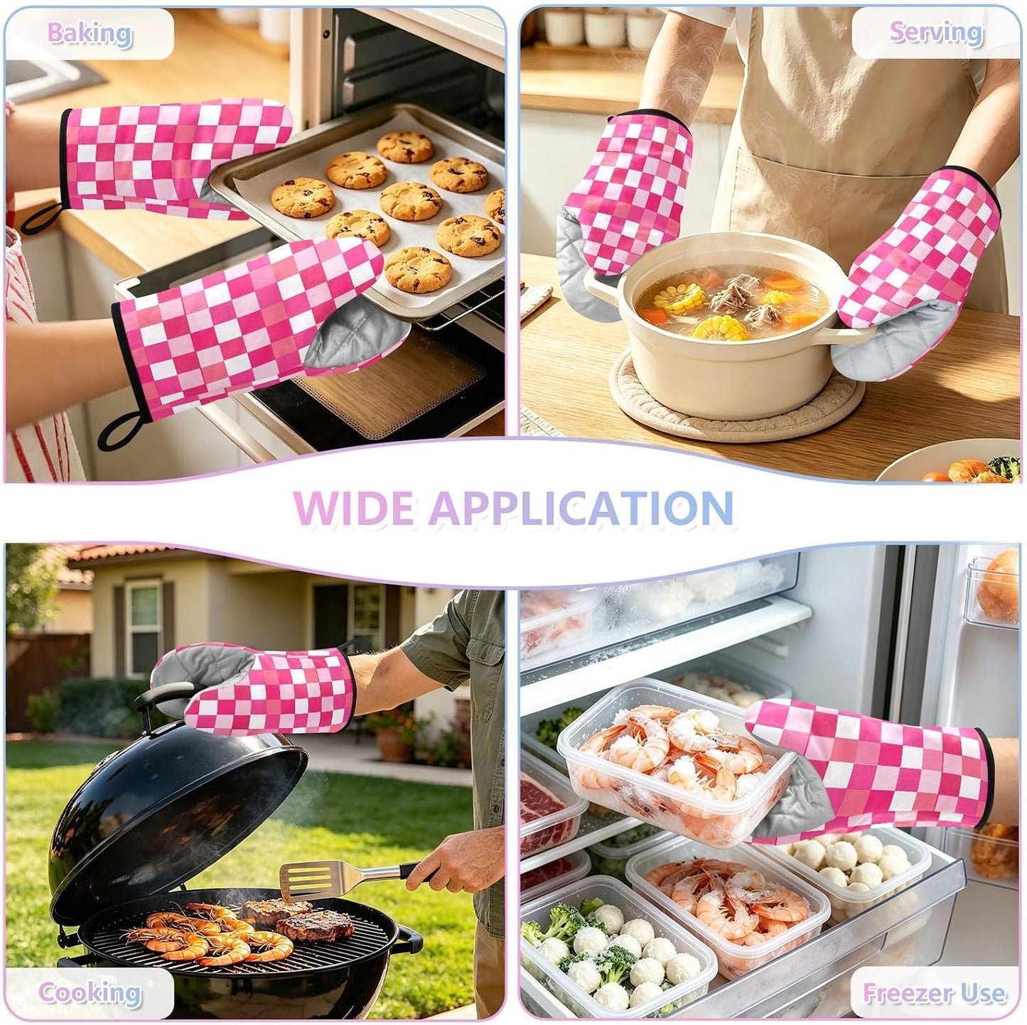 Oven Mitt 2 Pack Set Bright Pink Checkered Plaid Kitchen Mitts Gloves for for Cooking Baking Grilling