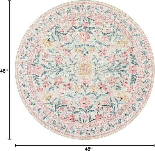 Lahome Sylvie Boho Light Pink Round Rug 4ft, Washable Small Circle Rugs for Bedroom Kids, Pink and Green Nursery Circular Carpet Girl Decor, Soft Non-Slip Round Carpet for Sunroom, Blush