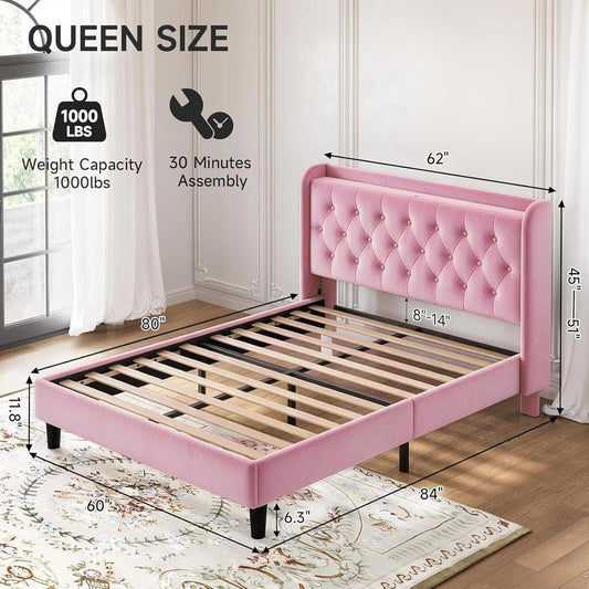 koorlian Queen Bed Frame with Headboard, Adjustable Upholstered Platform Bed Frame with Type-C&USB Ports, Wingback Storage Headboard, Solid Wood Slats Support, No Box Spring Needed, Pink
