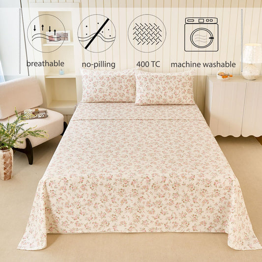 Zusbest Floral Sheets Queen Size 100% Cotton Pink Bed Sheet Set, Soft Breathable for Hot Sleepers, Shabby-Chic Cottage Rose Flower Pattern Bed Set Deep Pocket 17.5‘’, 4Pcs, Queen