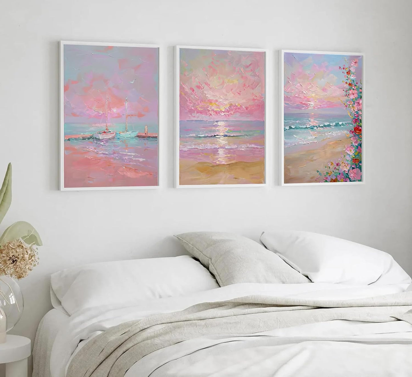 Kouserlin 3 Pcs Pastel Coastal Wall Art Set, Unframed Pink Ocean Beach Canvas Posters, Grandmillennial Preppy Room Decor of Sailboat & Wildflower for Bedroom, Girls Dorm(12x16Inch)
