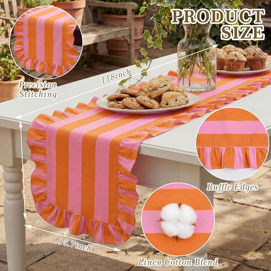 HunnmingRe Ruffle Edge Striped Table Runner 118 x 15.7 Inch Scalloped Table Cover Farmhouse Linen-Cotton Blend Fabric Tabletop Decor for Home Kitchen Dinner Wedding Bridal Shower Party
