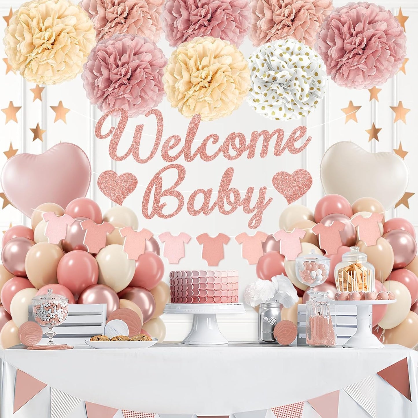 Pink Baby Shower Decorations with Dusty Light Pink Beige Gold Paper Pompoms Nude Sand White Metallic Rose Gold Balloons Banner Gold Garland for Baby Shower Decorations