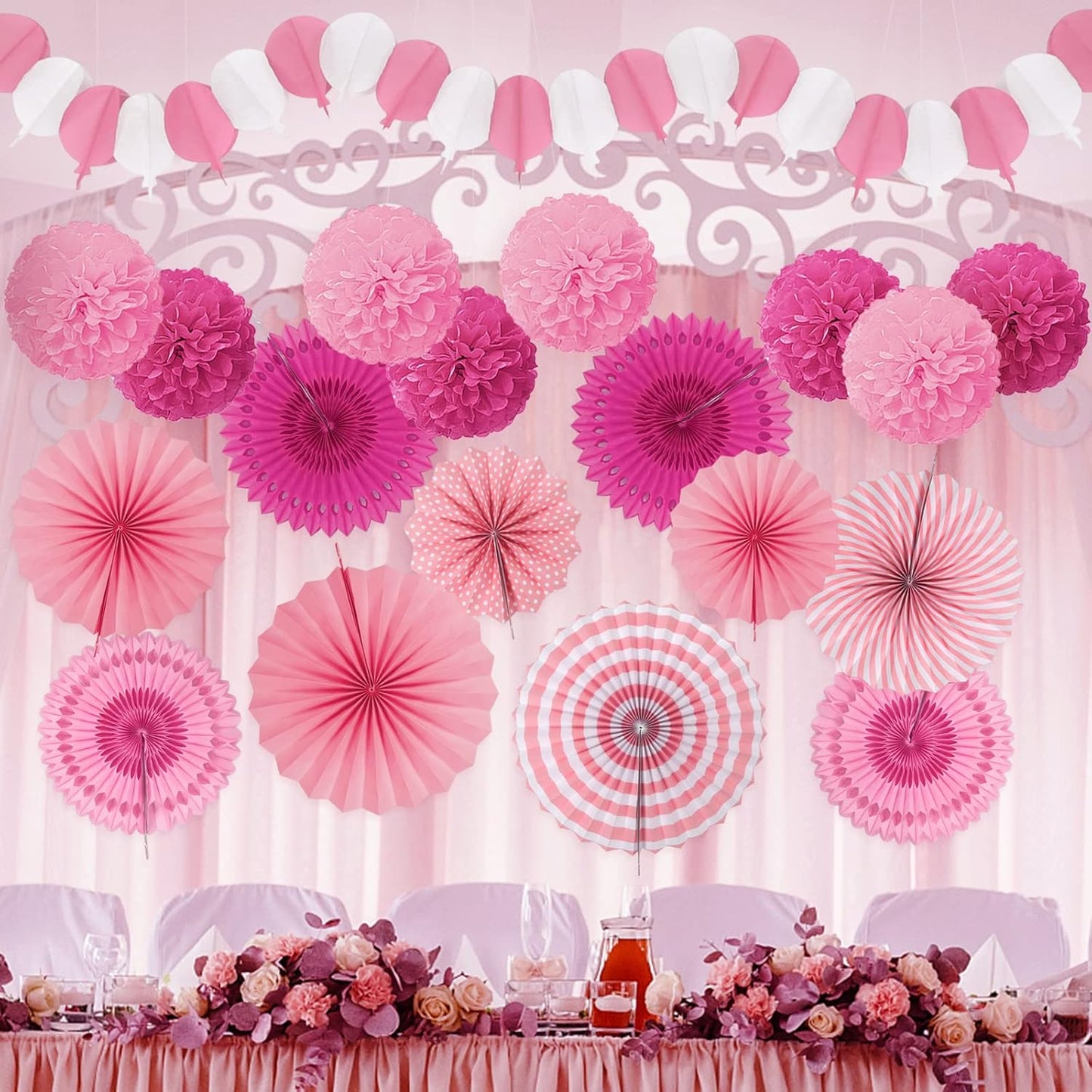 Party Decorations, Pink Papar Fans Pompoms Garlands for Women Girls Mothers Day Bachelorette Wedding Birthday Baby Showers Valentine's Day Party Decorations