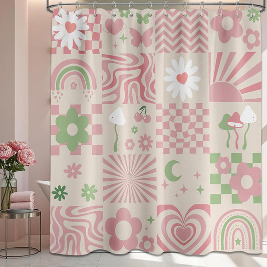 Cute Pink Shower Curtain Y2k Preppy Kawaii Girls Checkered Bathroom Decor, Waterproof Cloth Fabric with Hooks 70" W x 72" L